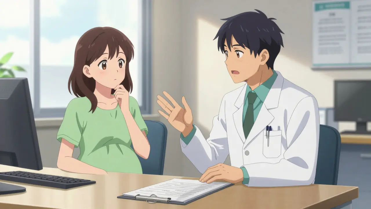 Pregnant woman consulting doctor in medical office.