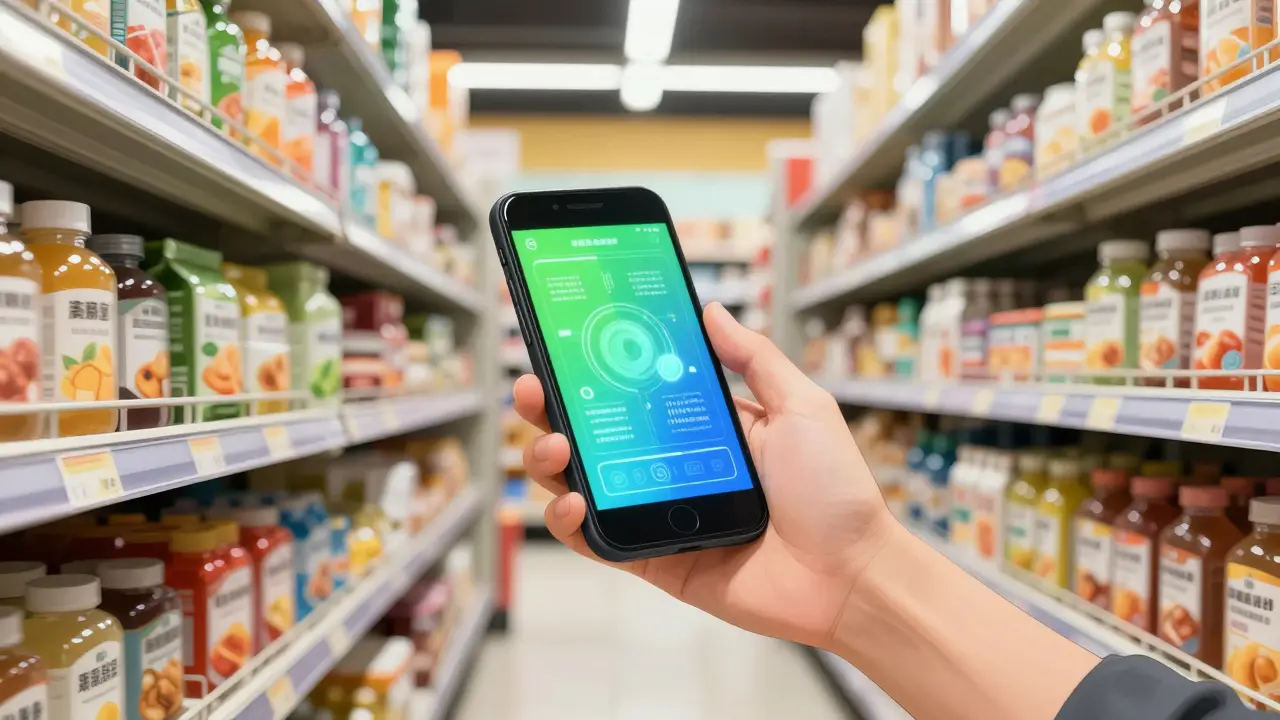 Shopper scanning product barcode with smartphone app.