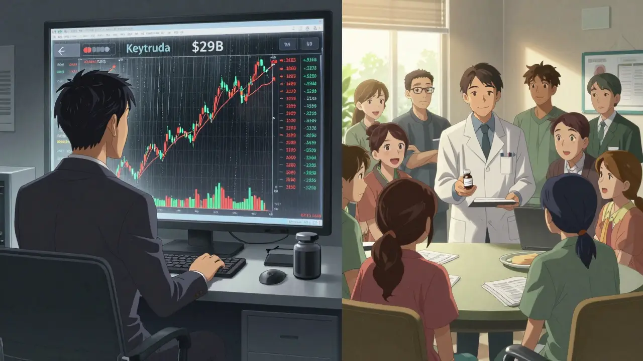 Split scene: executive watching stock collapse on left, patients receiving affordable meds on right, contrasting lighting and emotion.