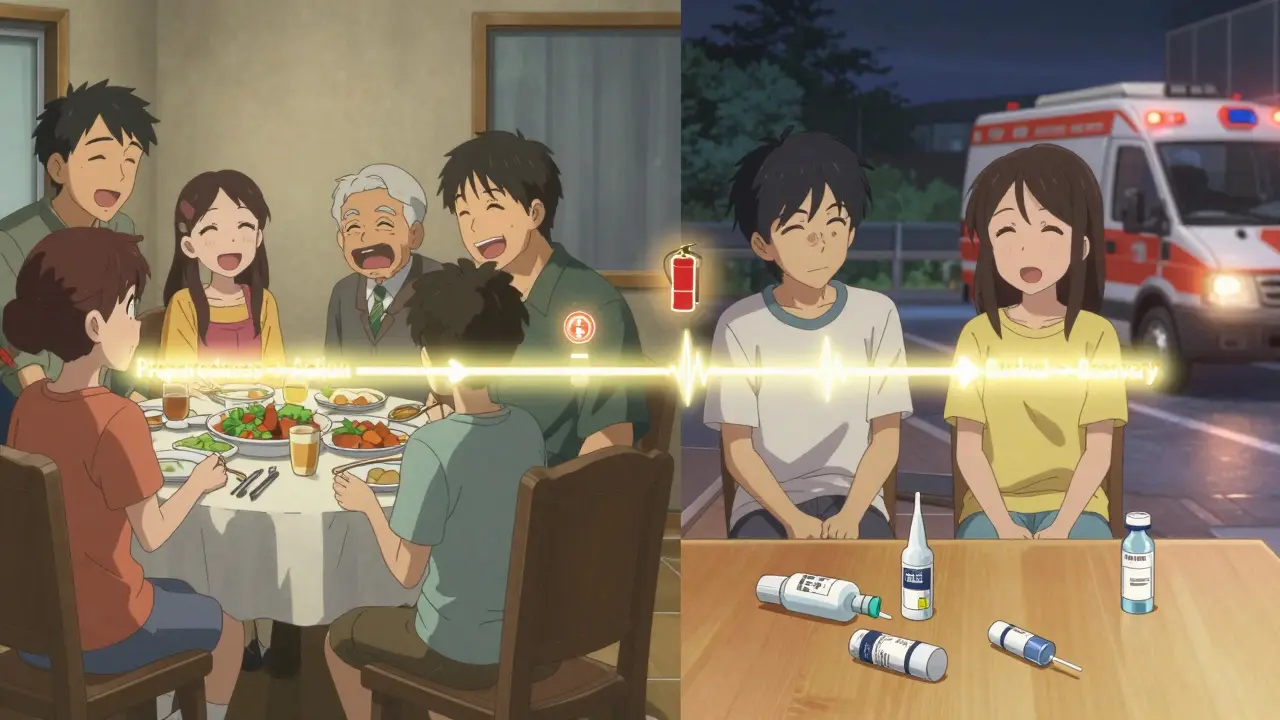 Split scene: family laughing at dinner transitions to the same family in emergency recovery, with naloxone vials and EMS arriving.