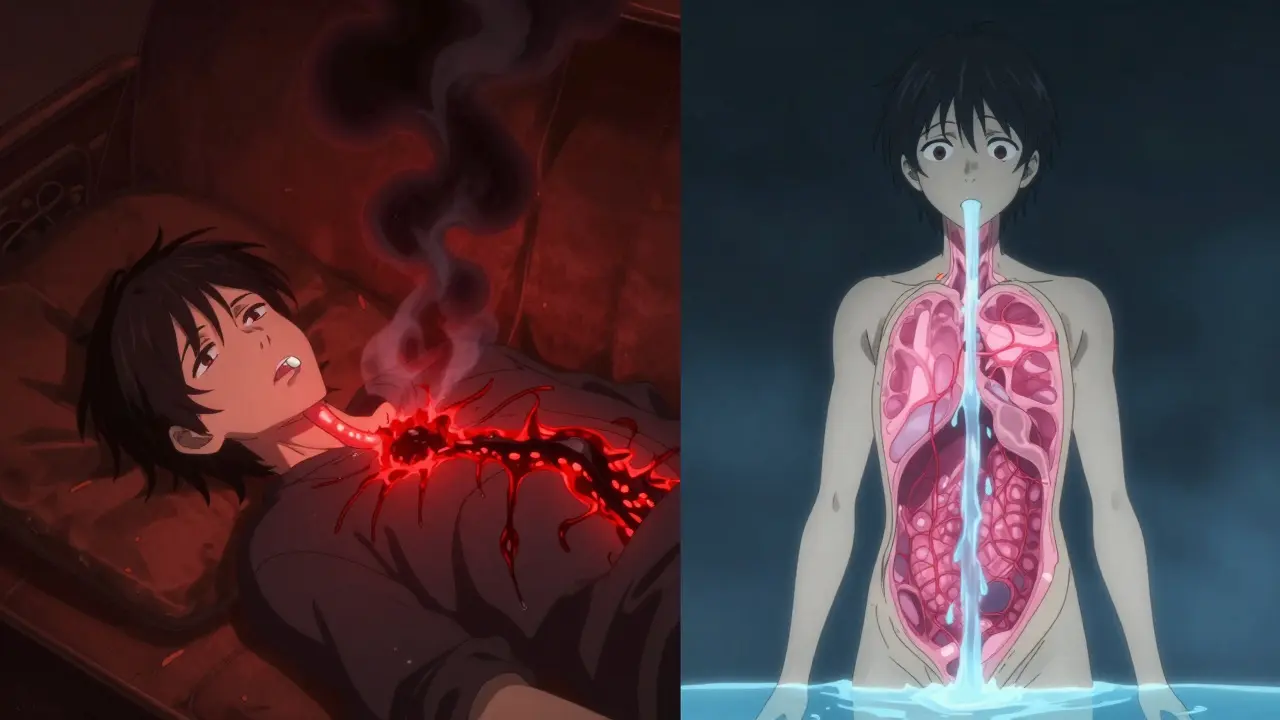 Split scene: one side shows esophageal damage from lying down after taking a pill, the other shows safe dosing.