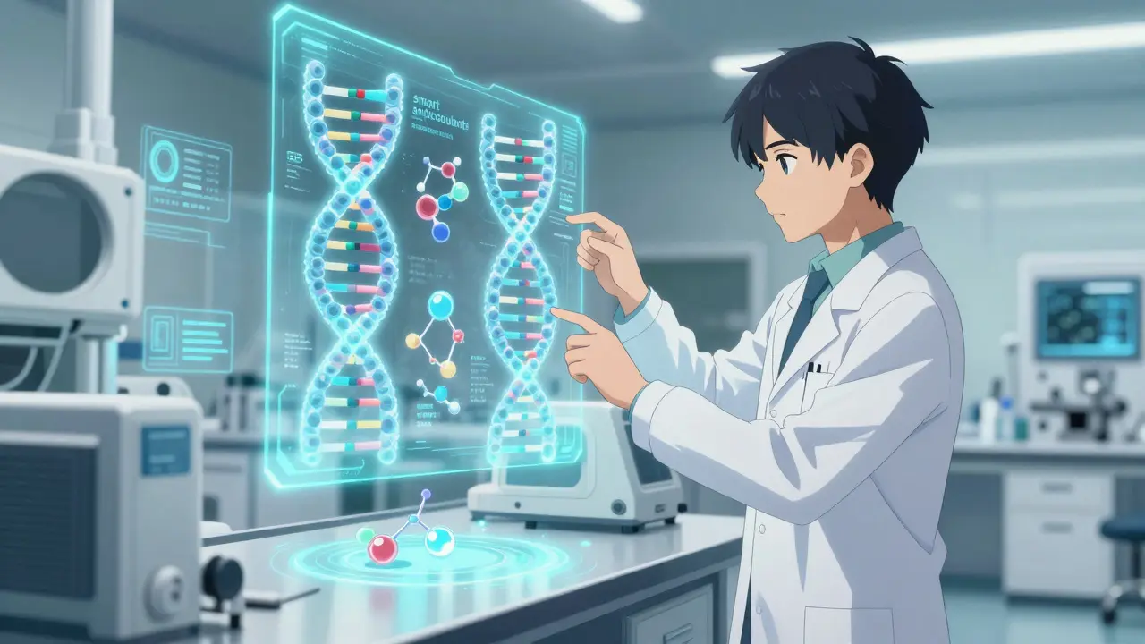 A futuristic lab showing a holographic DNA strand and smart medication research