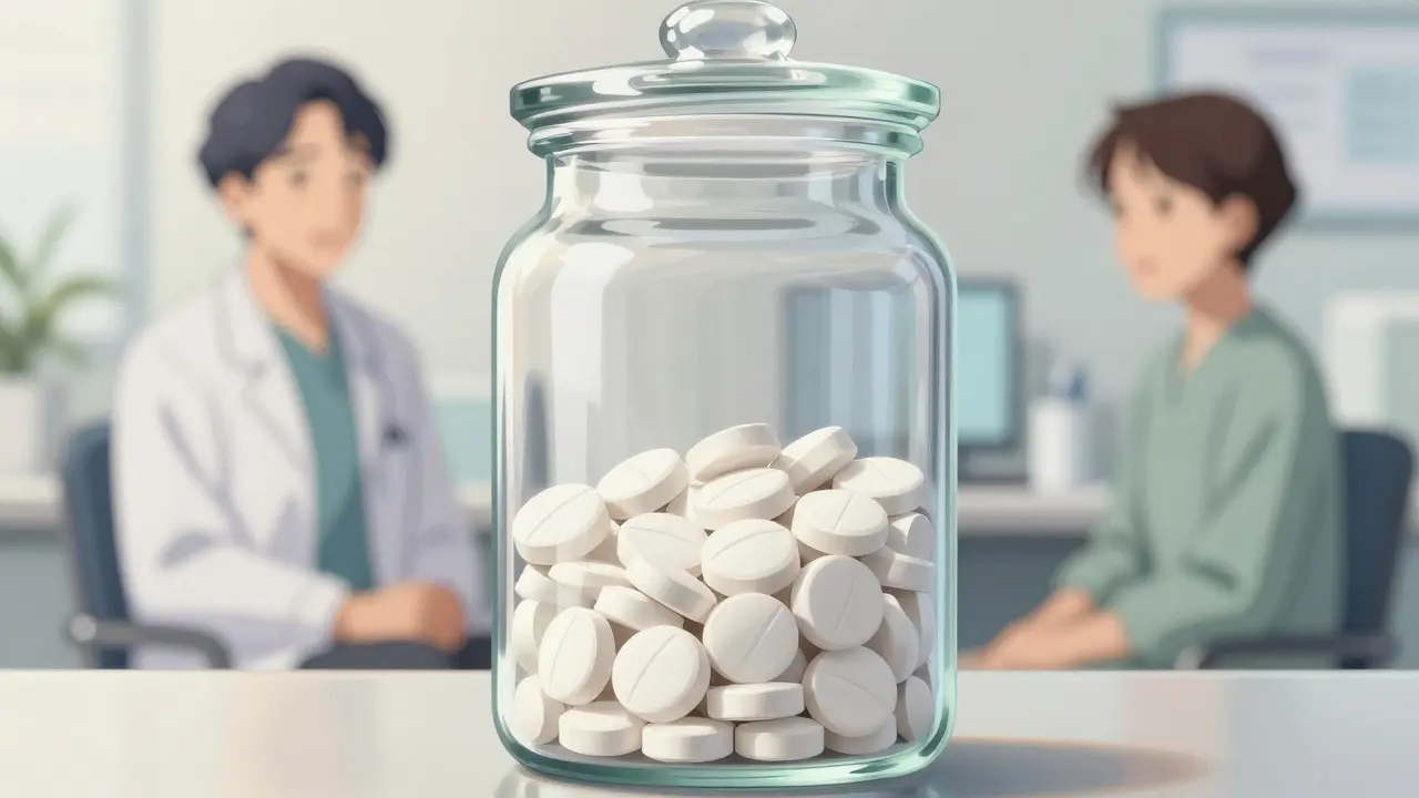 A large jar of generic medication tablets with a doctor and patient in the background