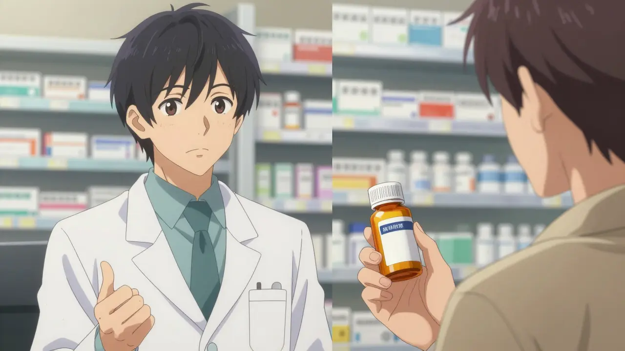 A pharmacist explaining medication details to a confident patient in a pharmacy.