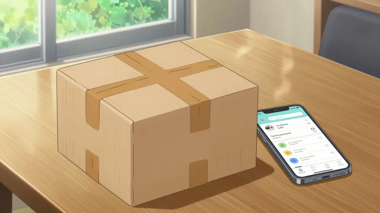 An online pharmacy delivery package and a smartphone with a discount app on a table