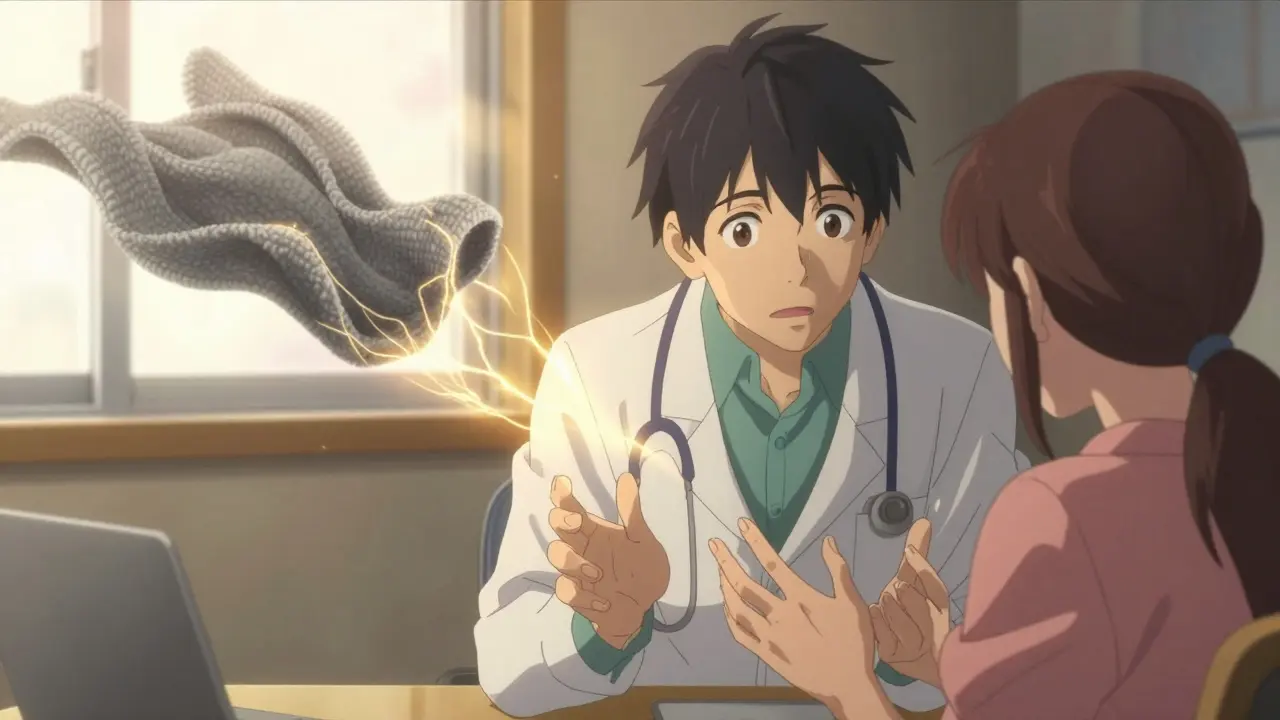 Anime depiction of a doctor and patient connecting through a metaphor of an unraveling grey blanket.