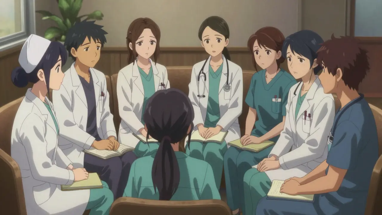 Anime group of healthcare workers in a supportive circle sharing their experiences in a dimly lit room.