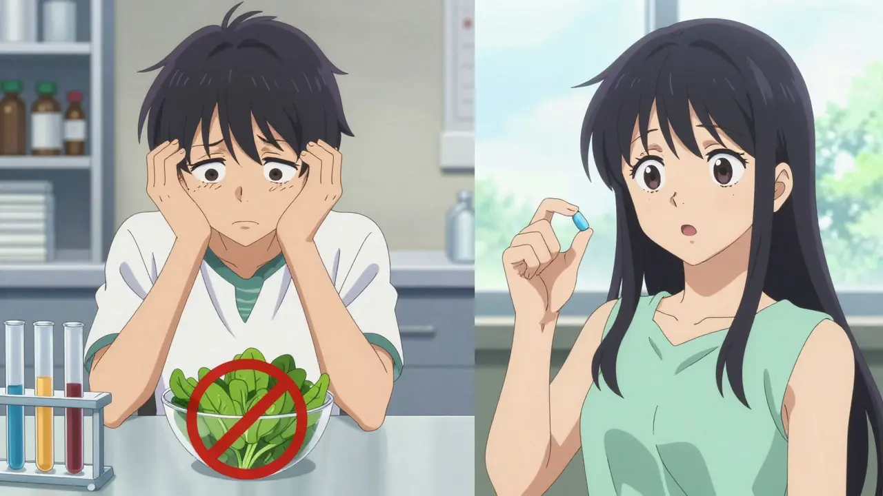 Comparison between a patient struggling with diet and tests versus one taking a simple pill