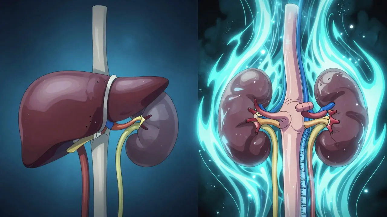 Conceptual anime illustration of liver and kidney function changes in aging