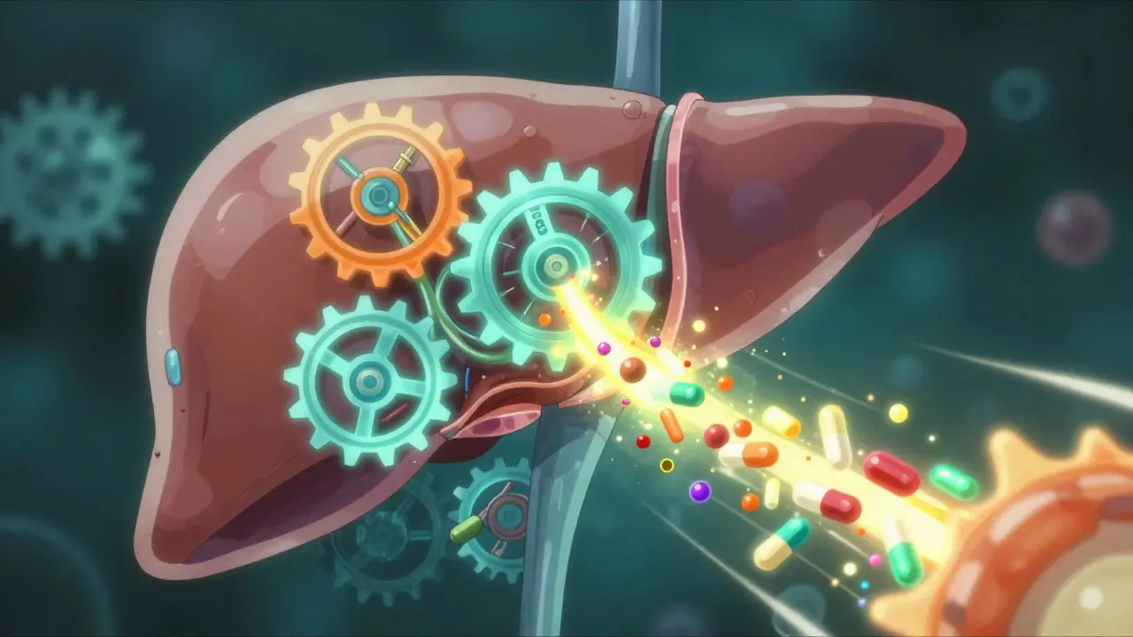 Conceptual biological view of enzymes and medication interacting in the liver.