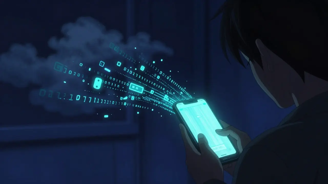 Conceptual image of digital data flowing from a smartphone into a shadowy cloud