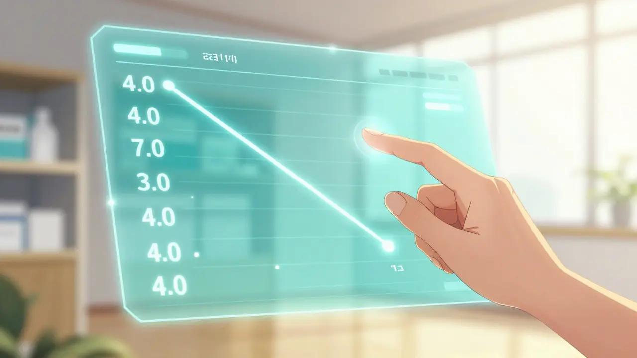 Digital interface comparing drug prices with a holographic display in anime style