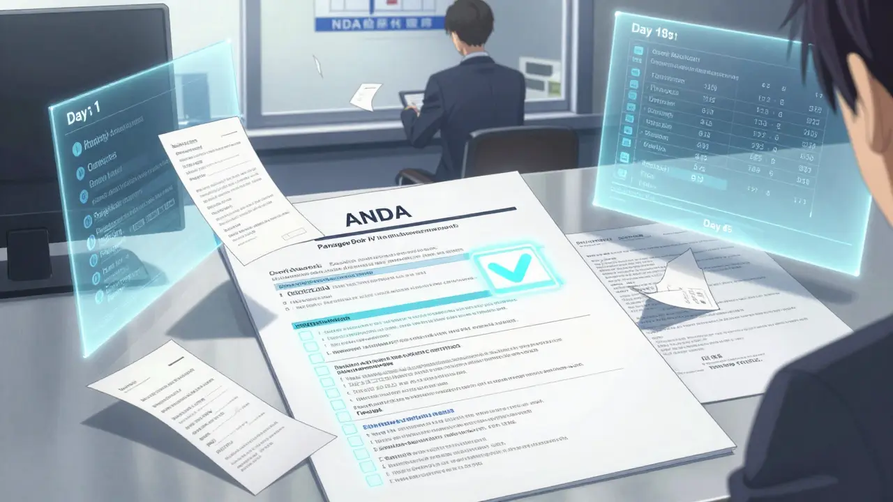 Legal documents display Paragraph IV certification and patent review timeline