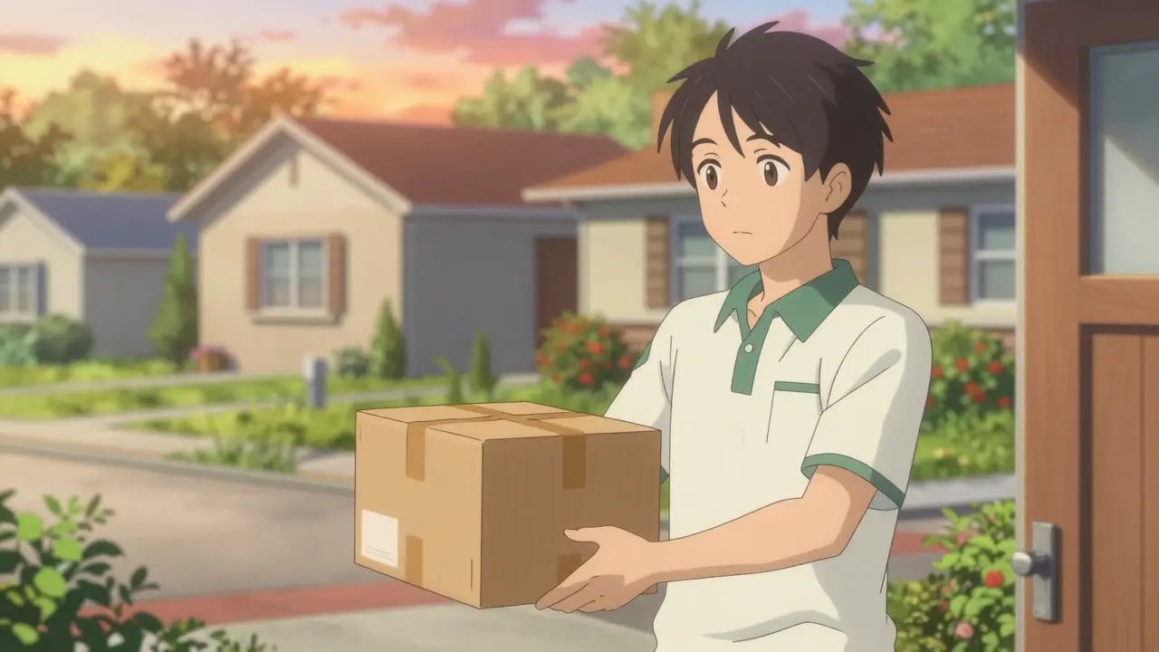 Person receiving a medical package at home during a warm sunset in anime style