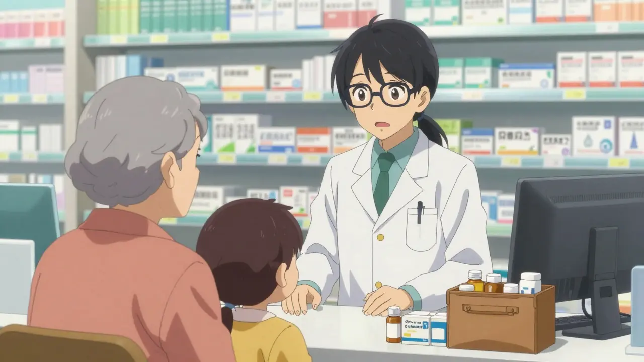 Pharmacist reviewing a bag of medications with an elderly patient and caregiver