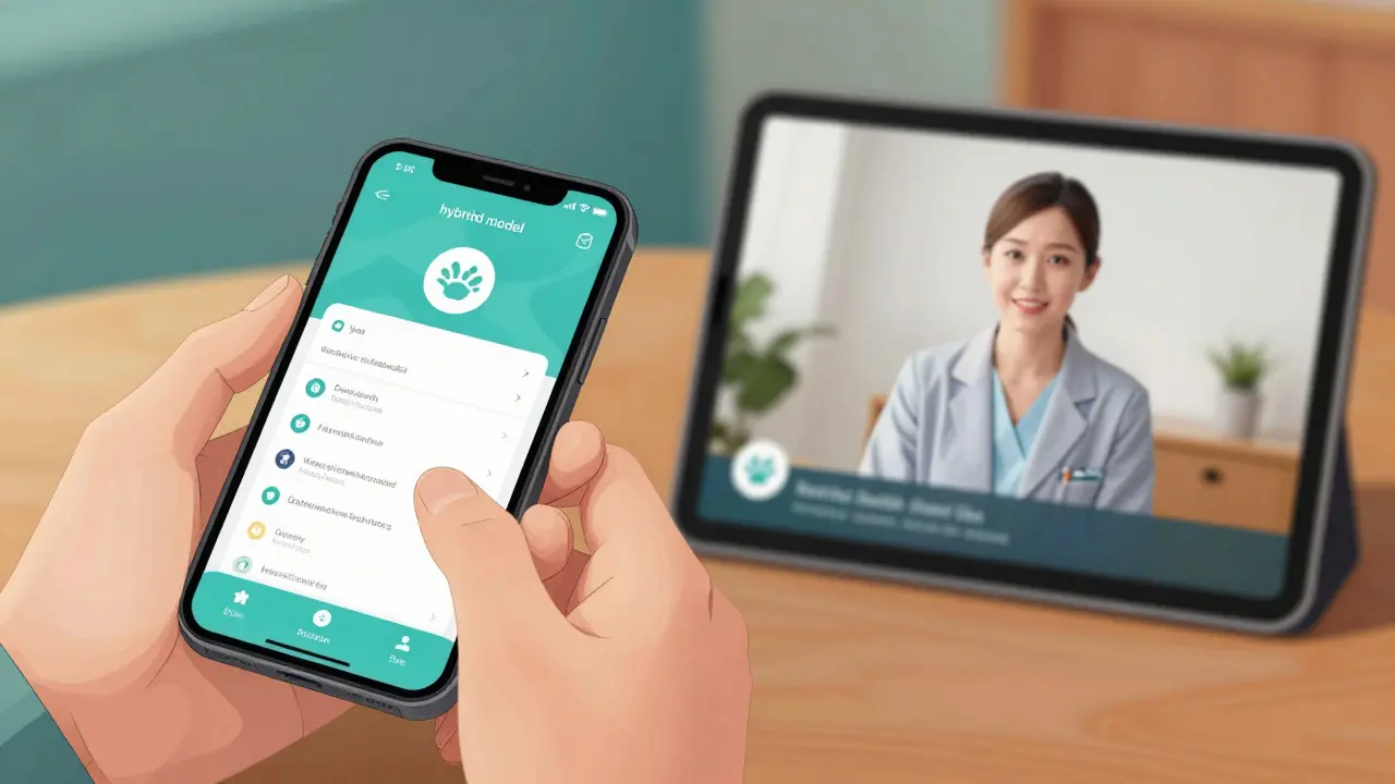 Split screen showing a mental health app and a teletherapy session with a professional
