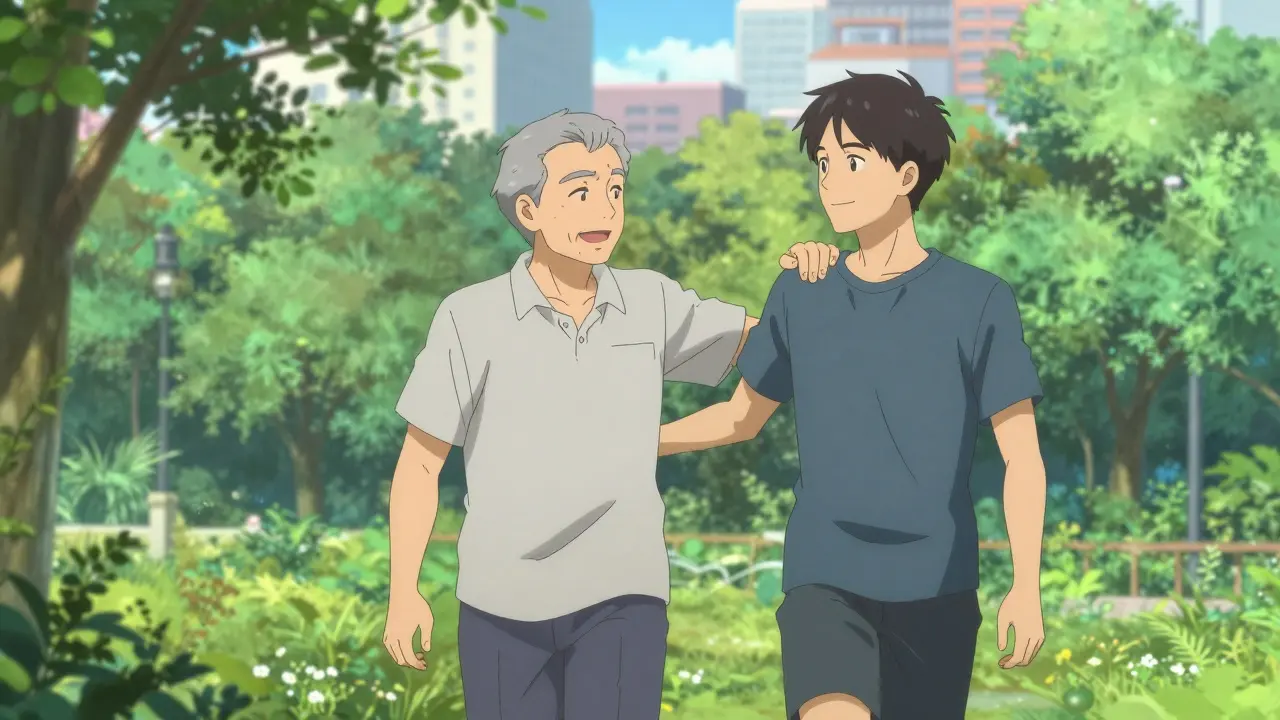 Two men walking in a park, representing a supportive buddy system for health.